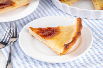 Traditional american Water Pie. Great Depression era recipe, sweet buttery pie cake with translucent custard custard, made with pie shell, water, flour, butter and sugar
