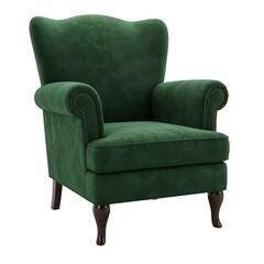 Elegant green velvet wingback armchair isolated on transparent background