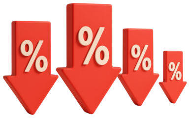 Four red downward pointing arrows with percentage signs isolated on a transparent background