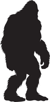 Silhouette of a large hairy bipedal creature known as bigfoot or sasquatch walking in profile against a white background