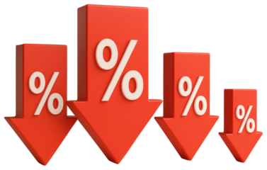 Four red downward pointing arrows with percentage signs isolated on a transparent background