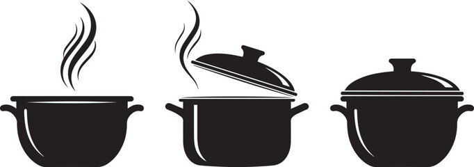 Three black silhouette cooking pots with steam rising from two of them against a white background representing hot food preparation