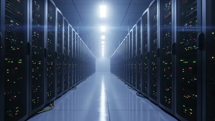 Modern Server Room with Endless Rows of Flashing Racks - Powered by Adobe