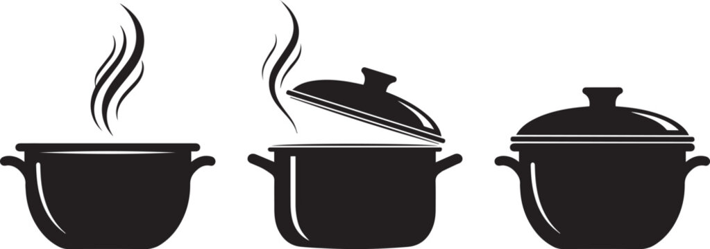 Three black silhouette cooking pots with steam rising from two of them against a white background representing hot food preparation