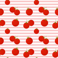 Seamless vector pattern with red ripe tomatoes and pink stripes. Cute flat style vegetable background for fabric prints, kitchen textiles, packaging design, wrapping paper and summer projects.