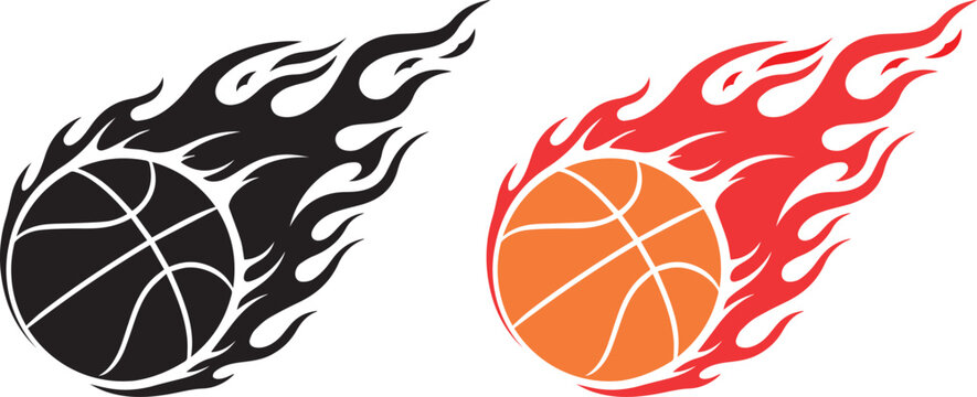 Dynamic illustration of a basketball on fire with fiery flames in black silhouette and vibrant orange red colors