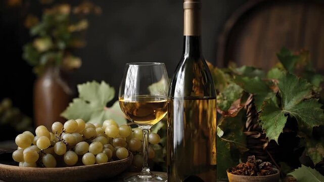 An elegant still life composition featuring a glass of crisp white wine and a full bottle, arranged with fresh green grapes in a rustic wooden bowl. The scene is set against a dark, blurred background
