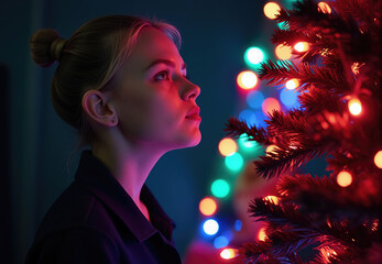 Woman Looking at Illuminated Christmas Tree