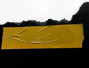 Torn black paper edge with white top layer and wrinkled yellow adhesive tape collage texture isolated on background
