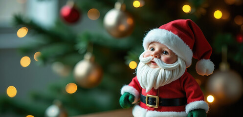 Santa Claus Doll on Wooden Table with Christmas Tree