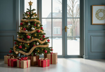 Decorated Christmas Tree with Presents near Window