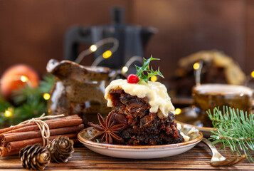 Slice of Traditional homemade English Christmas puddind