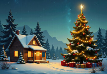 Cabin, Christmas Tree, and Gifts in a Snowy Landscape