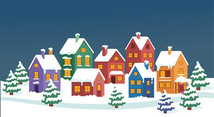 A flat vector illustration of a cozy snow-covered christmas village, featuring decorated houses, festive trees, and a peaceful winter scene, perfect for holiday designs