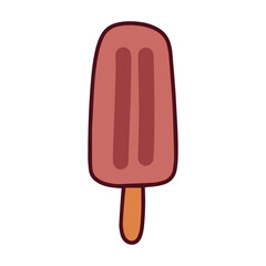 A bright red fruit ice cream pop on a wooden stick. A refreshing frozen juice dessert or ice lolly perfect for cooling down during the summer heat.