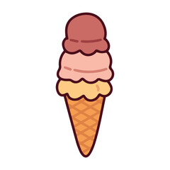 An ice cream cone featuring three stacked scoops of different flavors: vanilla, strawberry, and chocolate. A delicious layered frozen dessert for a sweet summer treat.