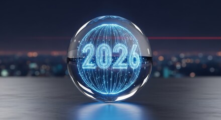 Technological Prophecy Glowing 2026 Network Inside a Reflective Crystal Sphere.