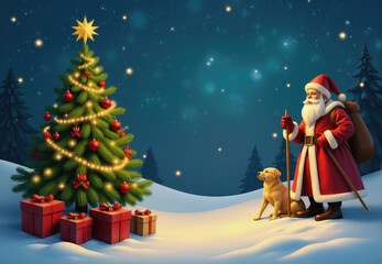 Christmas Tree, Gifts, Santa Claus and Dog in Winter Scene
