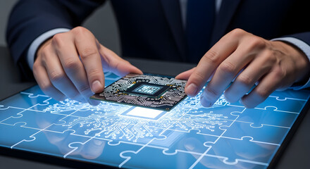 Mans Hands Aligning a Computer Microchip on a Digital Puzzle Technology