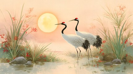 Obraz premium Serene Crane Illustration with Rising Sun in a Watercolor Style Painting