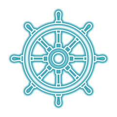 Obraz premium A stylized, outlined ship's wheel with a bright, glowing blue effect, isolated on a white background.