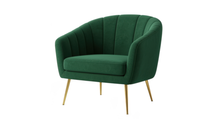 Modern green velvet armchair with gold legs isolated on transparent background