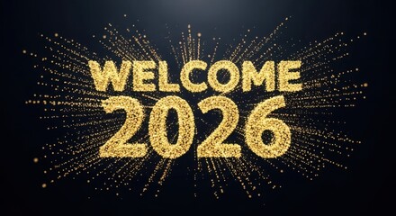 Welcome 2026: golden particle explosion for new year celebration