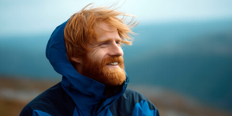 Smiling man with red hair and beard in a blue outdoor jacket standing in windy weather with a blurred mountainous landscape in the background