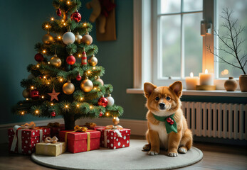 Dog with Scarf Beside Christmas Tree and Gifts