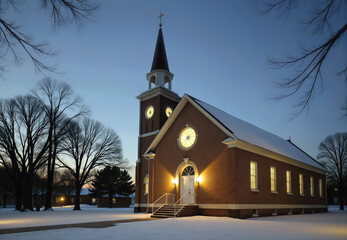 Brick Church with Steeple in Winter Landscape