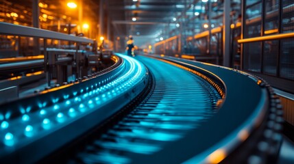 Fototapeta premium A glowing conveyor belt zips through a high-tech warehouse, showcasing innovation in action at night