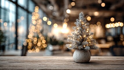 Small festive Christmas tree on a vacant office desk with stationery, symbolizing a quiet and forgotten holiday mood