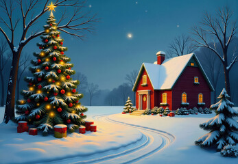 Snowy Landscape with Red House and Christmas Tree