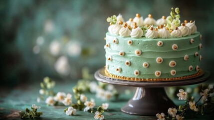 A lovely mint cake adorned with floral decorations and creamy peaks, perfect for any occasion