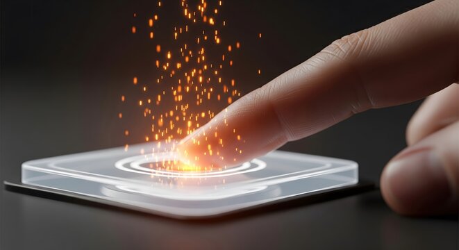 Close-up, high-tech image of a human finger activating a glowing glass button or touch sensor, with a burst of orange/gold particles or sparks, symbolizing activation, security, and future technology