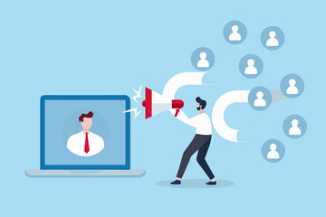 Online marketing campaign with laptop and speaker reaching target audience