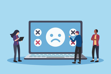 Customer feedback on laptop with unhappy face and cross marks illustration