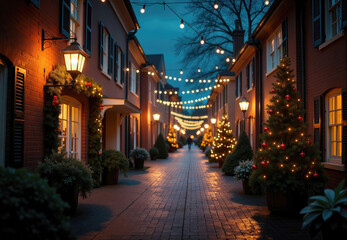 Christmas Decorated Street with Brick Buildings and String Lights