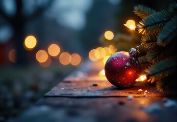 Red Christmas Ornament on Wood with Lights