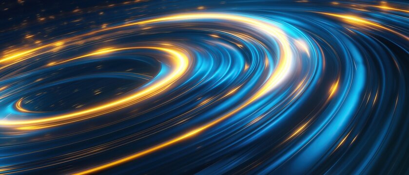 Abstract background with glowing blue and yellow lines in circular shapes featuring light streaks and motion blur creating atmosphere of speed