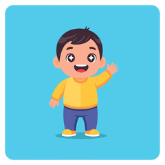 Cheerful Cartoon Boy Waving Hand with Starry Eyes.
