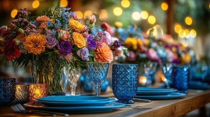 A beautifully set table with vibrant flowers and delicate glassware radiates warmth, ideal for celebrations