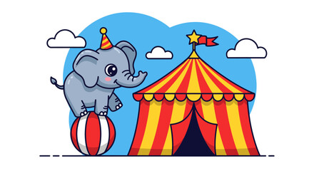 Circus Elephant Balancing on Ball Beside Tent Cartoon Illustration.