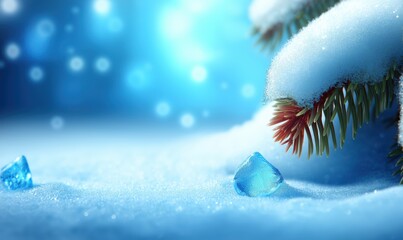 A snow-covered evergreen branch glistens with frost and ice crystals in a peaceful winter scene