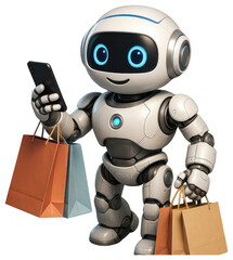 Naklejka premium Friendly Robot Holding Shopping Bags And Smartphone android artificial intelligence isolated on a transparent background