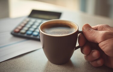 An adult male enjoys coffee while using a calculator to manage finances and paperwork