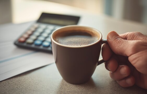 An adult male enjoys coffee while using a calculator to manage finances and paperwork