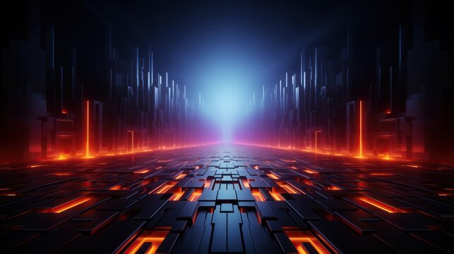 Digital background with futuristic glowing light and orange lights in dark room featuring abstract geometric shapes illuminated by blue rays