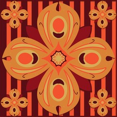 seamless background with flowers,orange curves ,painted create to flowershape, leaves, brown background in geometric patterns as sarong,fabric,tile,printed fabric,batik,tablecloth patterns.