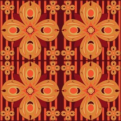 seamless pattern with flowers,orange curves ,painted create to flowershape, leaves, brown background in geometric patterns as sarong,fabric,tile,printed fabric,batik,tablecloth patterns.